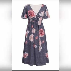 Gray With Pink Floral Babydoll Midi Dress, Women's Size M, Cottagecore